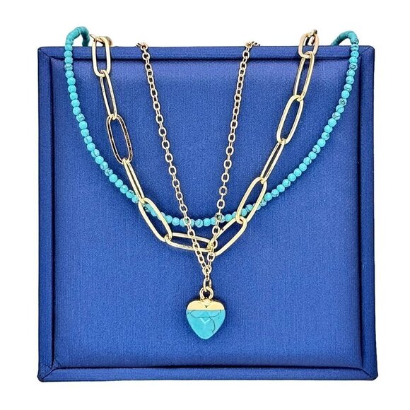 NWT Layered Heart Pendant Necklace Set 3PCs 14K Gold Plated Turquoise Boho - Picture 1 of 9